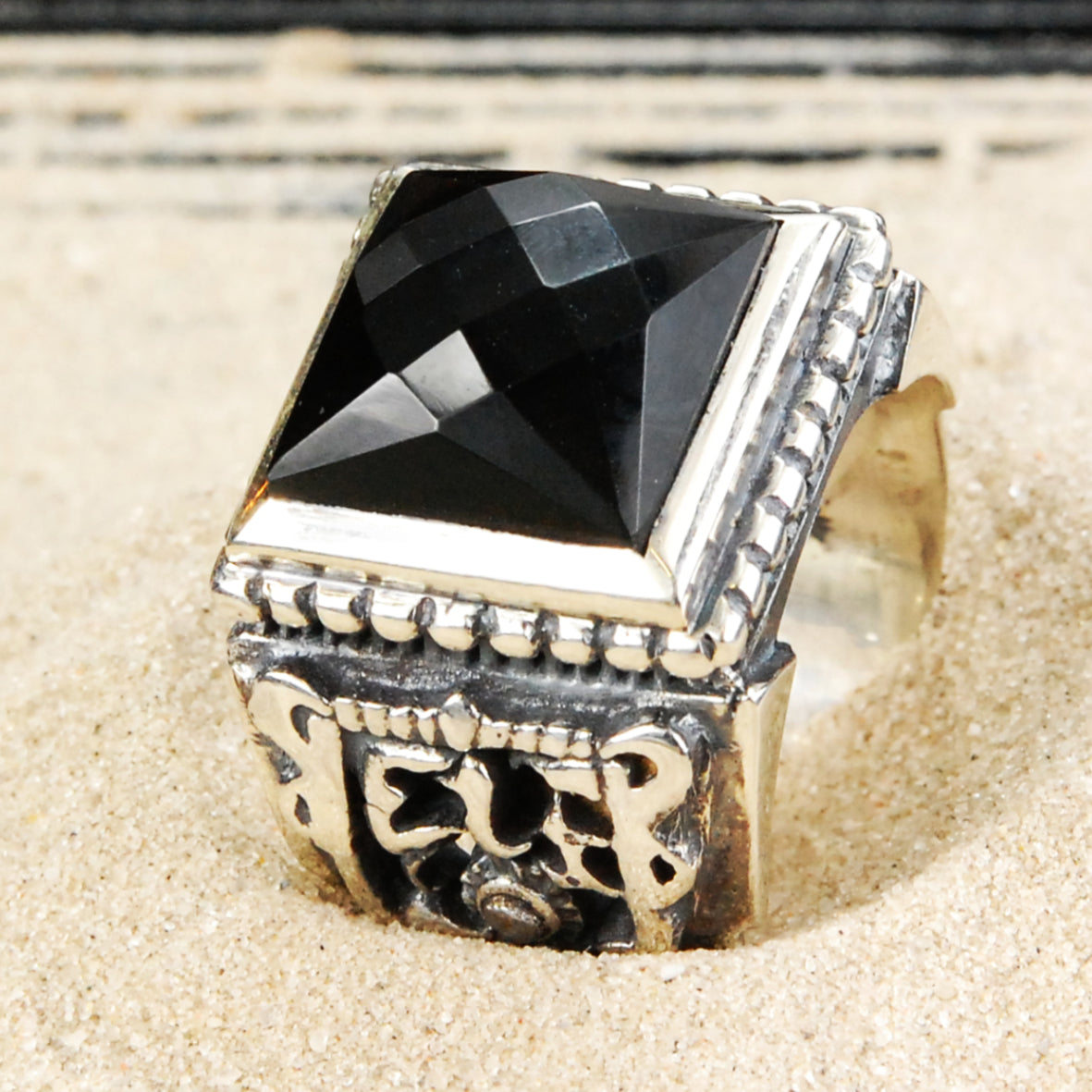 Silver Ring CAREE Stone on SHIELD Band