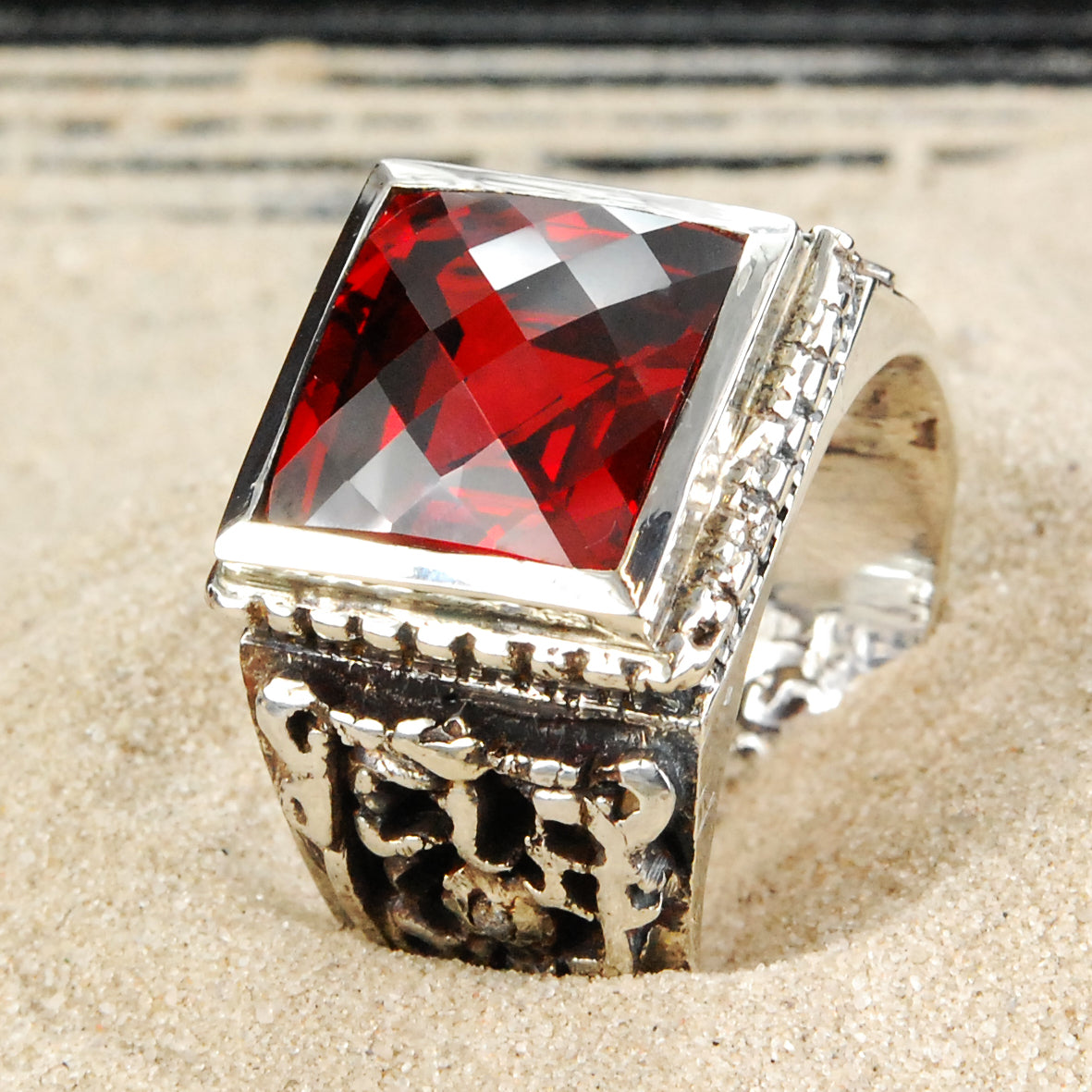 Silver Ring CAREE Stone on SHIELD Band