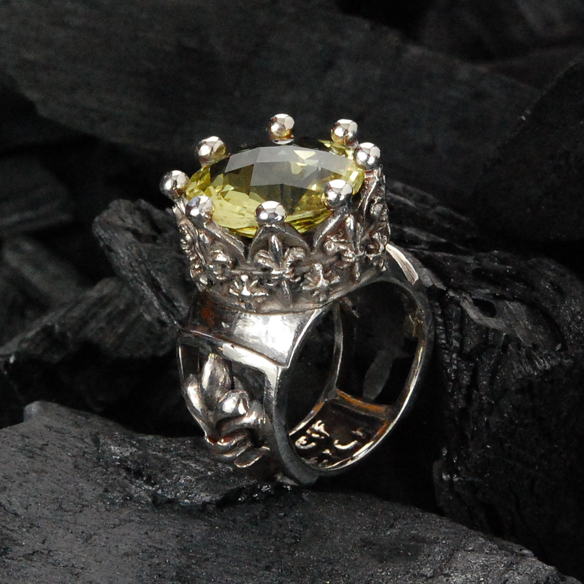 Silver Ring  CROWN Checkered Stone