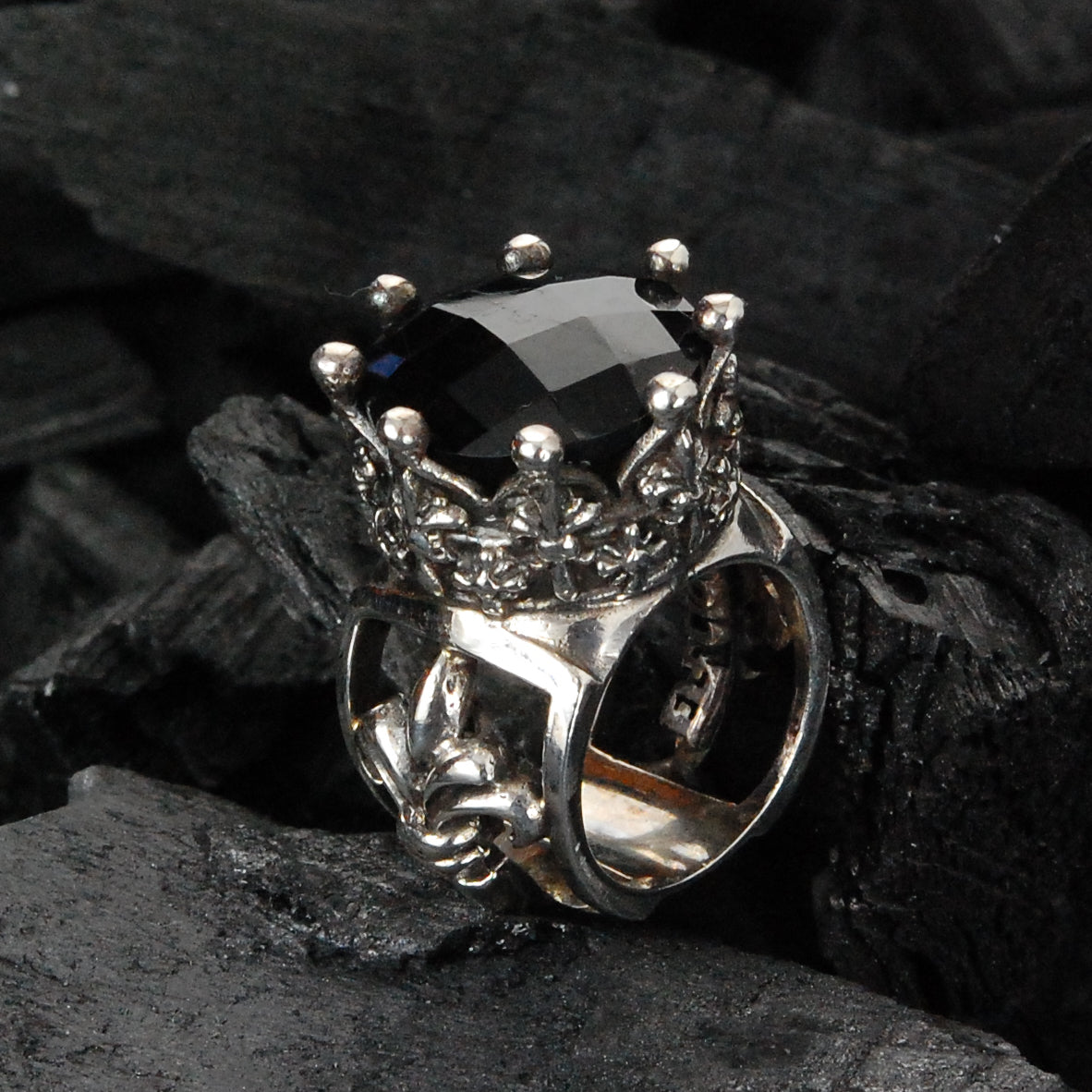 Silver Ring  CROWN Checkered Stone