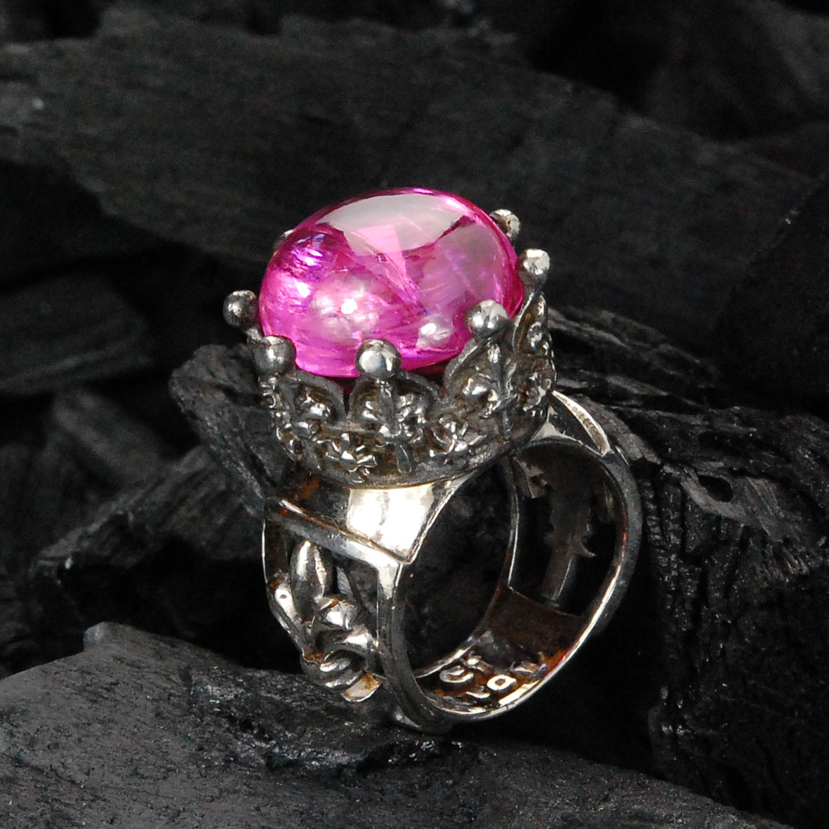 Silver Ring  CROWN Checkered Stone