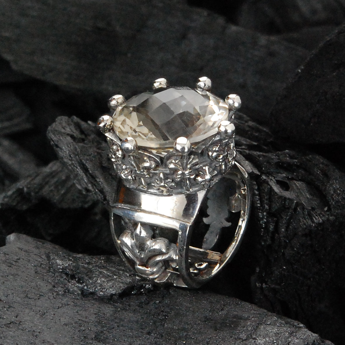 Silver Ring  CROWN Checkered Stone
