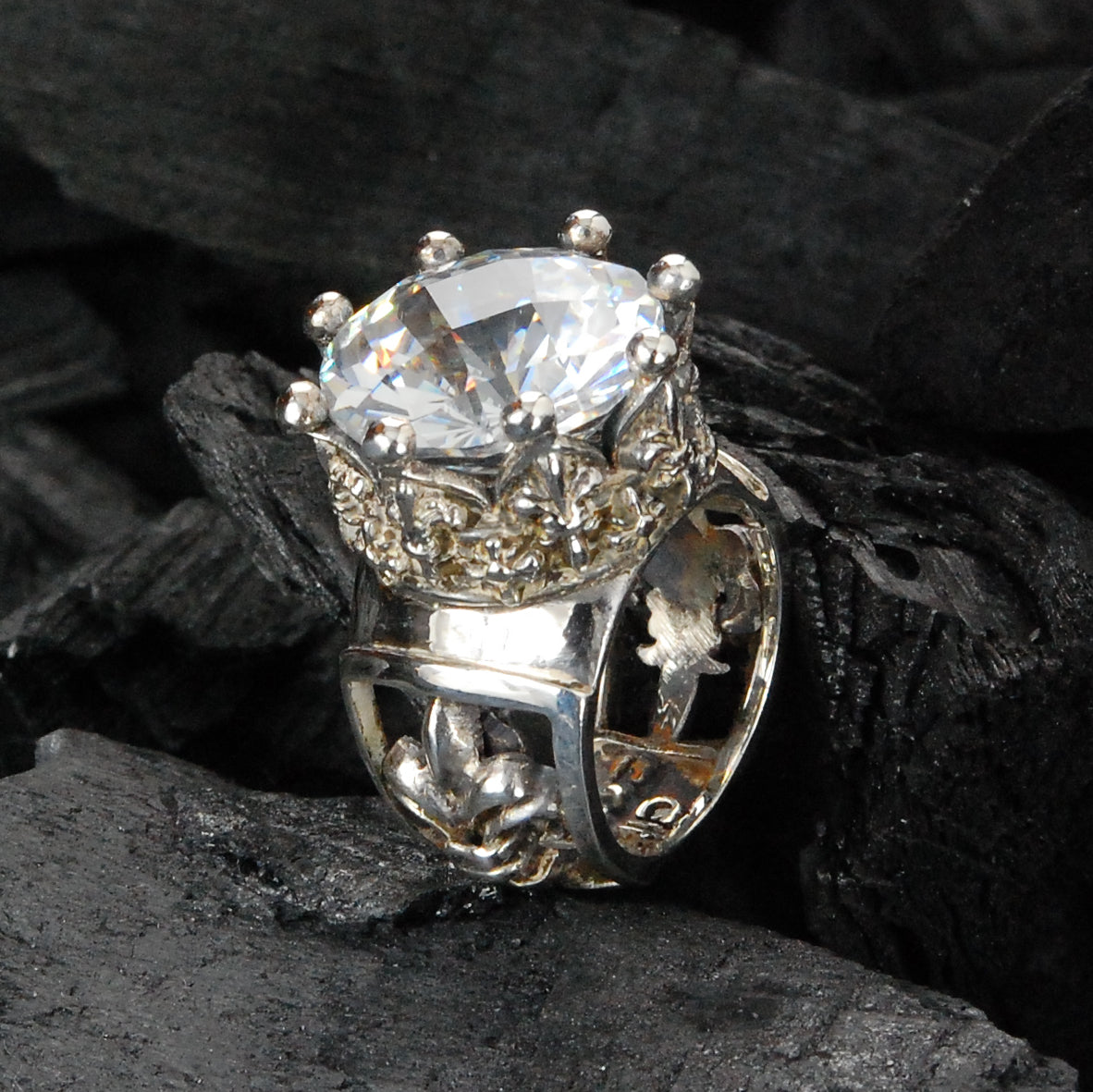 Silver Ring  CROWN Checkered Stone