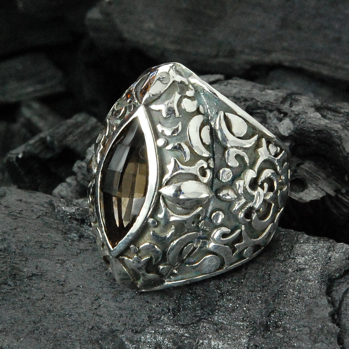Silver Ring NAVETTE Stone GARDEN AT NIGHT Holder and Band