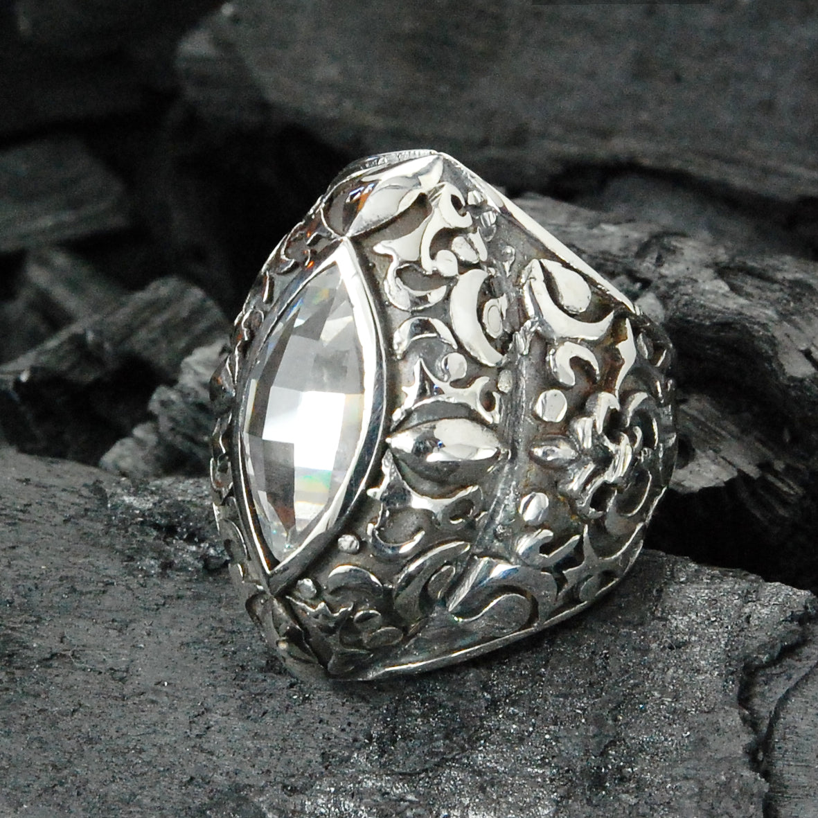 Silver Ring NAVETTE Stone GARDEN AT NIGHT Holder and Band