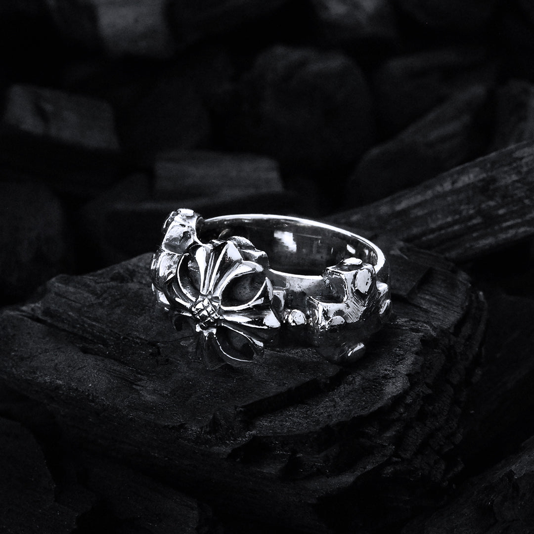 Silver Ring 3 Greek Crosses Faceted and MALTESER CROSS middle