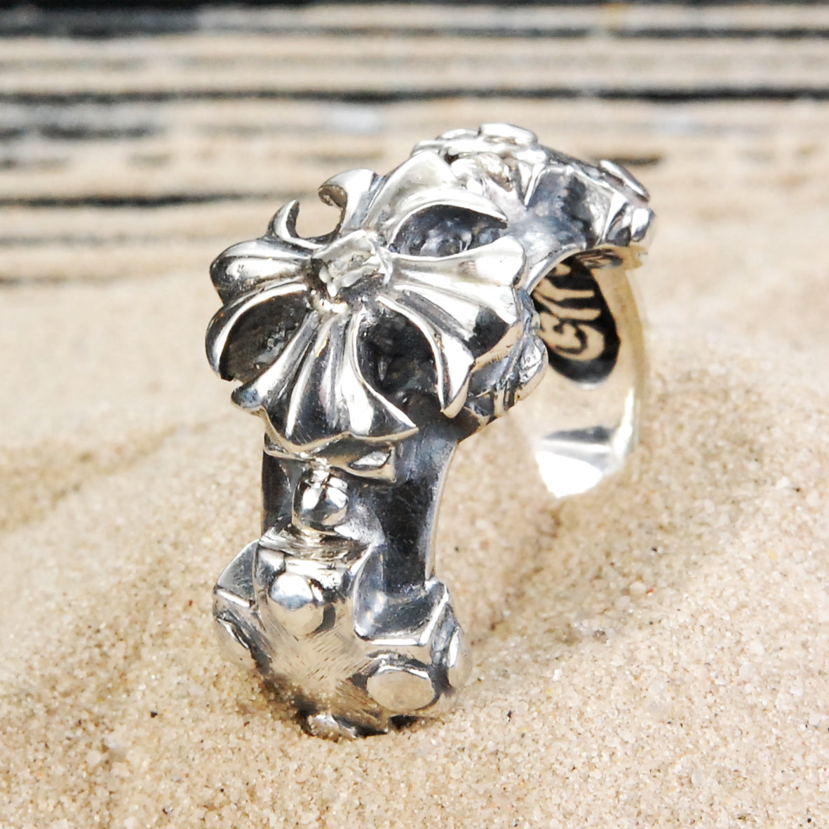 Silver Ring 3 Greek Crosses Faceted and MALTESER CROSS middle