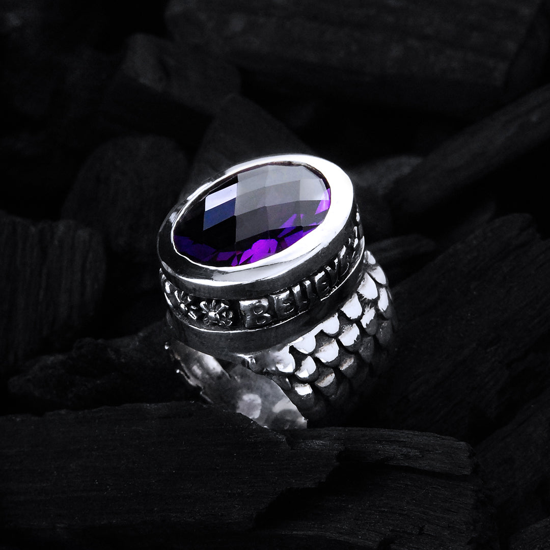 Silver Ring Oval BELIEVE IN YOUR DREAMS on Dragon Scales Band