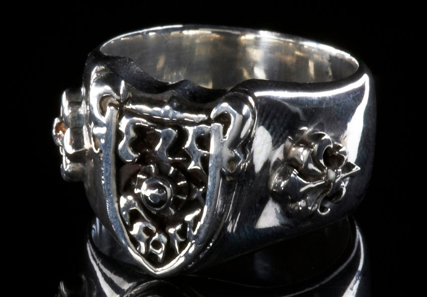 Silver Ring ElfCraft Shield with Meteorit and 2 Lilies Band