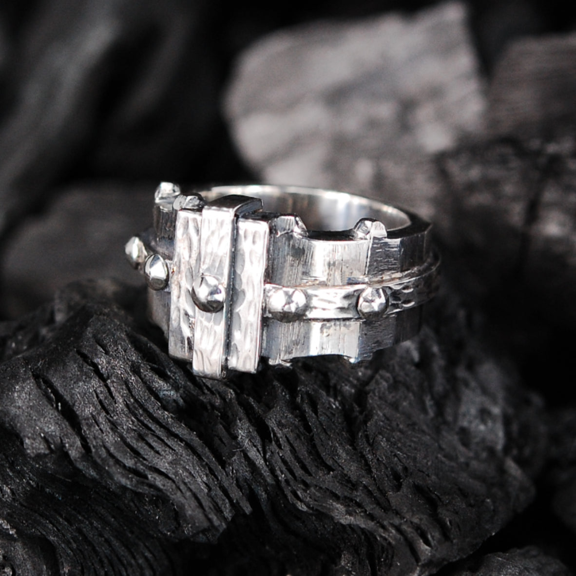 Silver Ring BOUND Faceted Body Rivets Hammered Bands