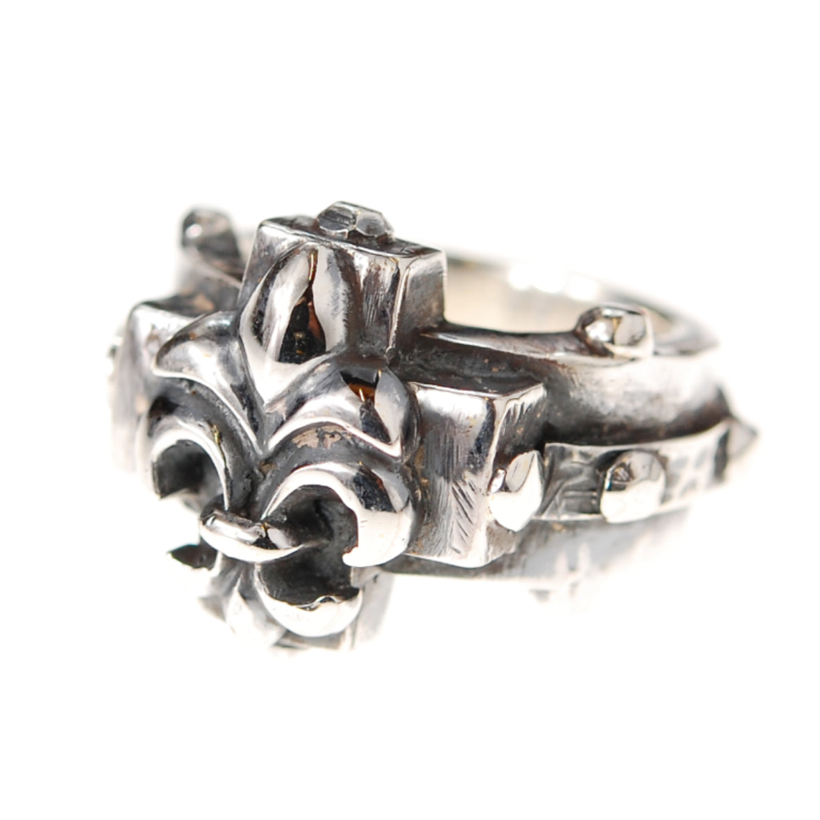 Silver Ring Greek Cross LILY on Faceted Rivet Band