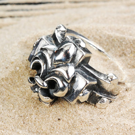 Silver Ring Greek Cross LILY on Faceted Rivet Band