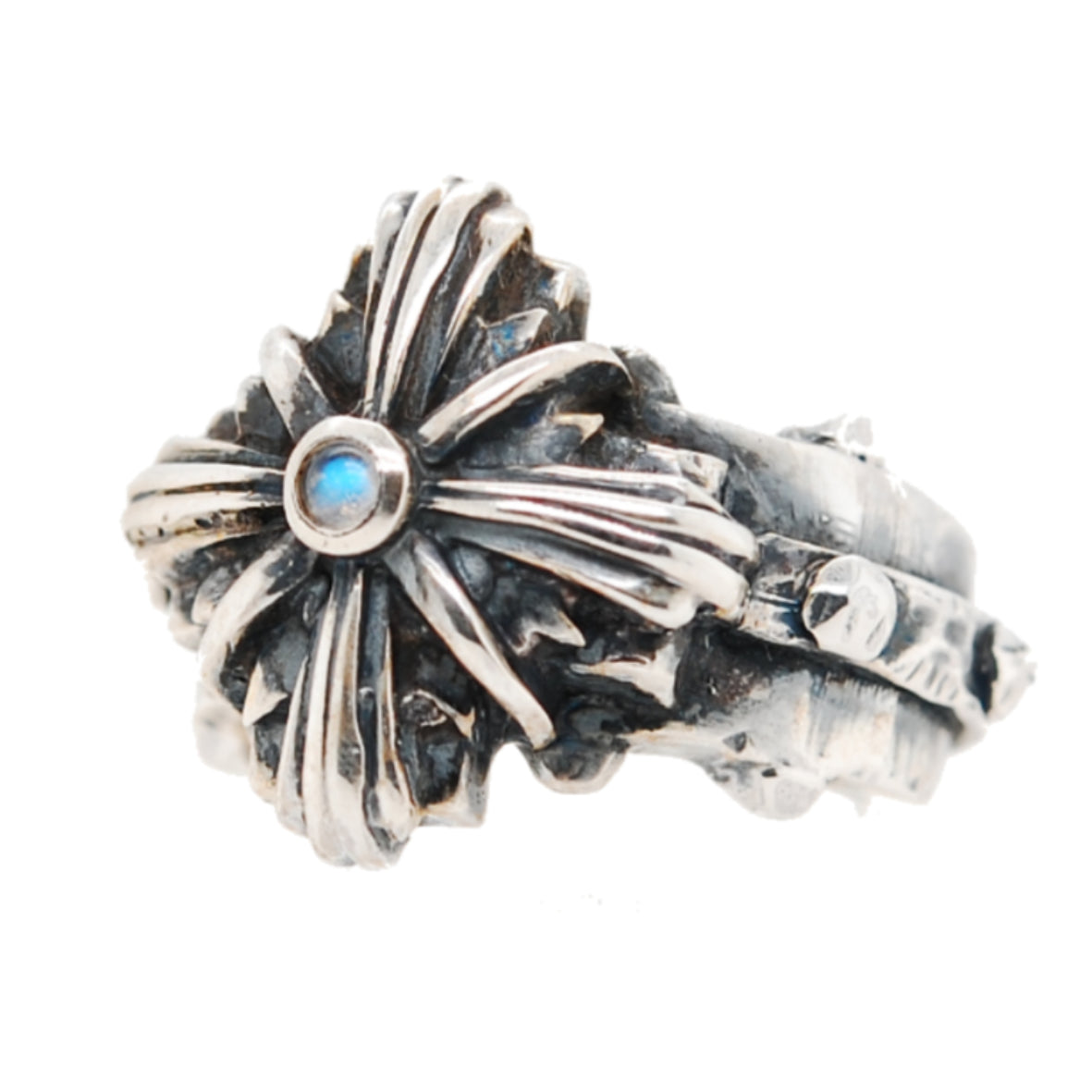 Silver Ring Greek Cross Morning Star on Faceted Rivet Band