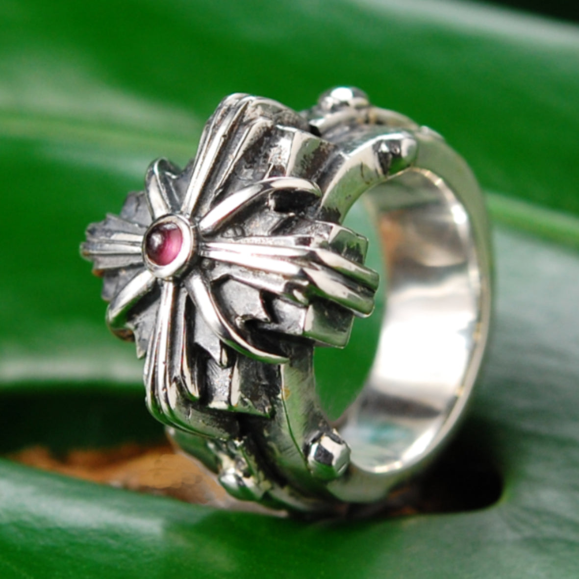 Silver Ring Greek Cross Morning Star on Faceted Rivet Band