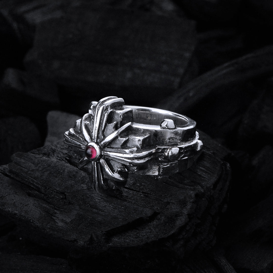 Silver Ring Greek Cross Morning Star on Faceted Rivet Band