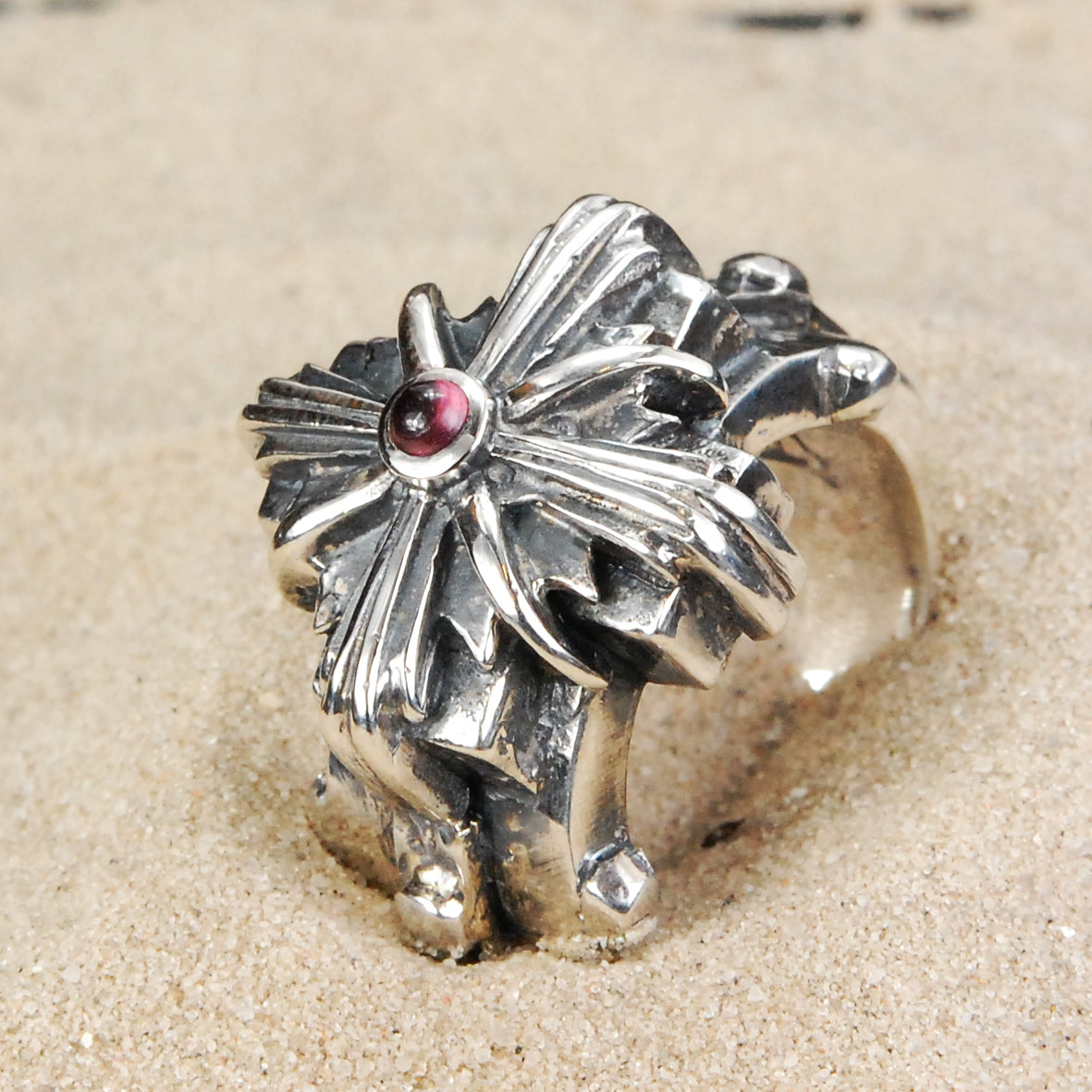 Silver Ring Greek Cross Morning Star on Faceted Rivet Band