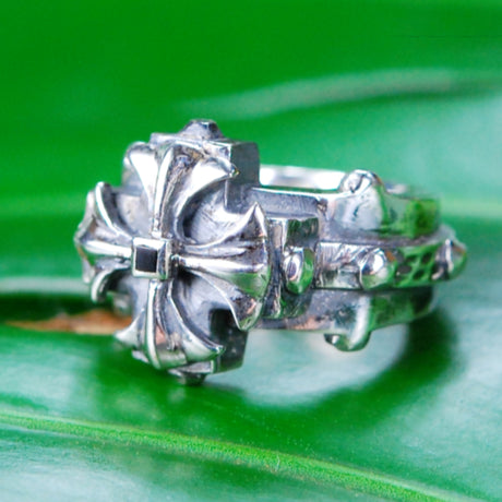 Silver Ring Greek MALTESER Cross on Faceted Rivet Band
