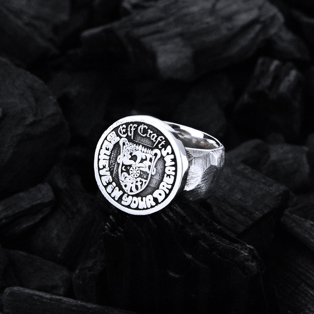 Silver Ring SHIELD Coin on Faceted Band