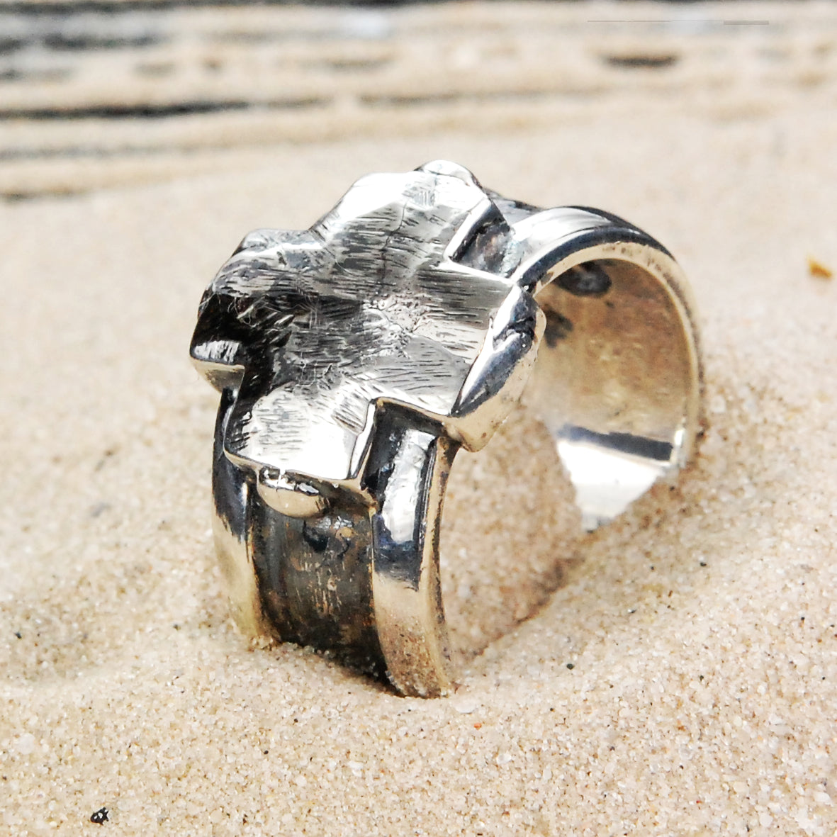 Silver Ring PLAIN Greek Cross on Stripe Band