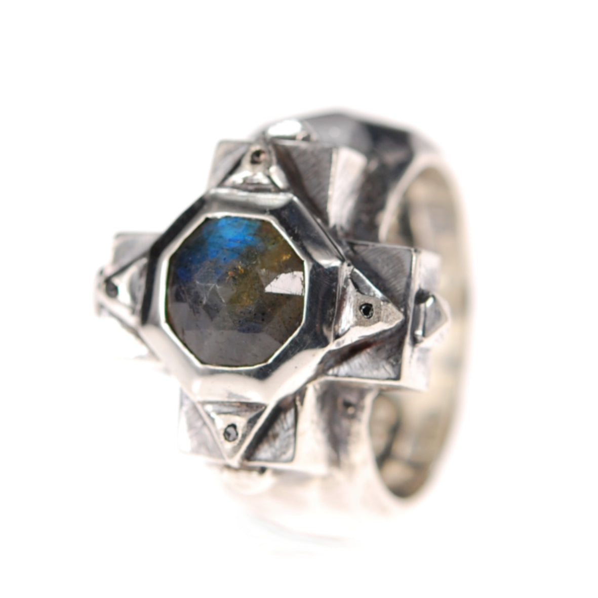 Silver Ring Greek OCTAGON Cross on Plain Faceted Band