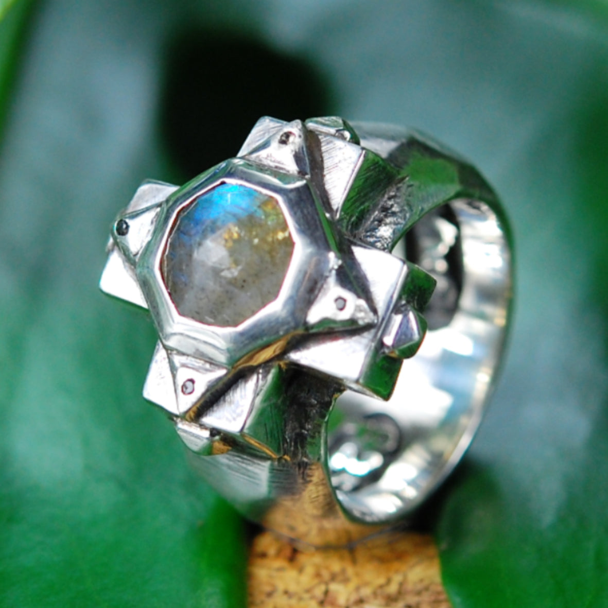 Silver Ring Greek OCTAGON Cross on Plain Faceted Band