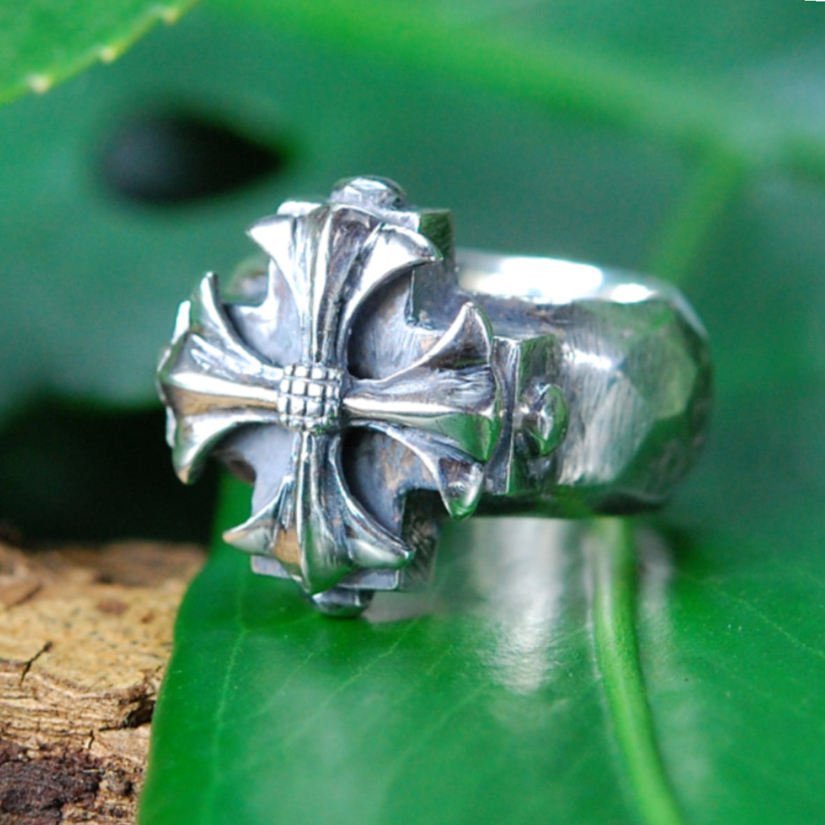 Silver Ring Greek MALTESER Cross on Plain Faceted Band