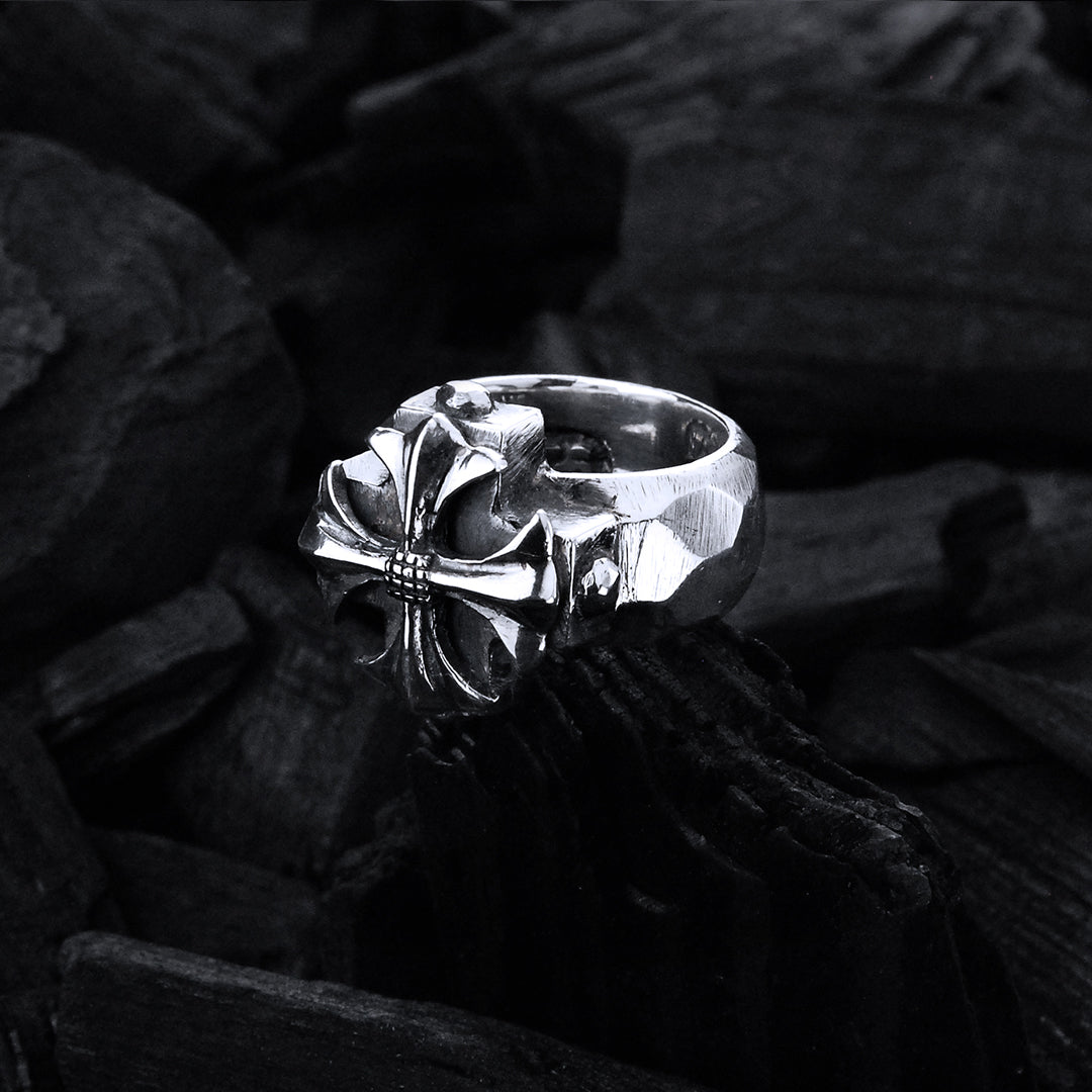 Silver Ring Greek MALTESER Cross on Plain Faceted Band