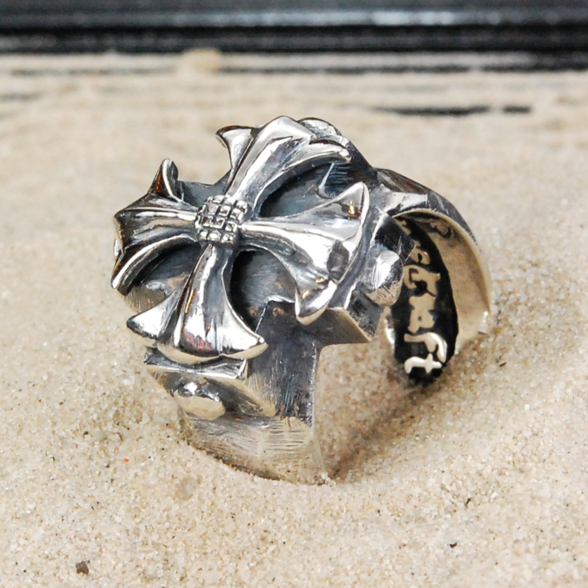 Silver Ring Greek MALTESER Cross on Plain Faceted Band