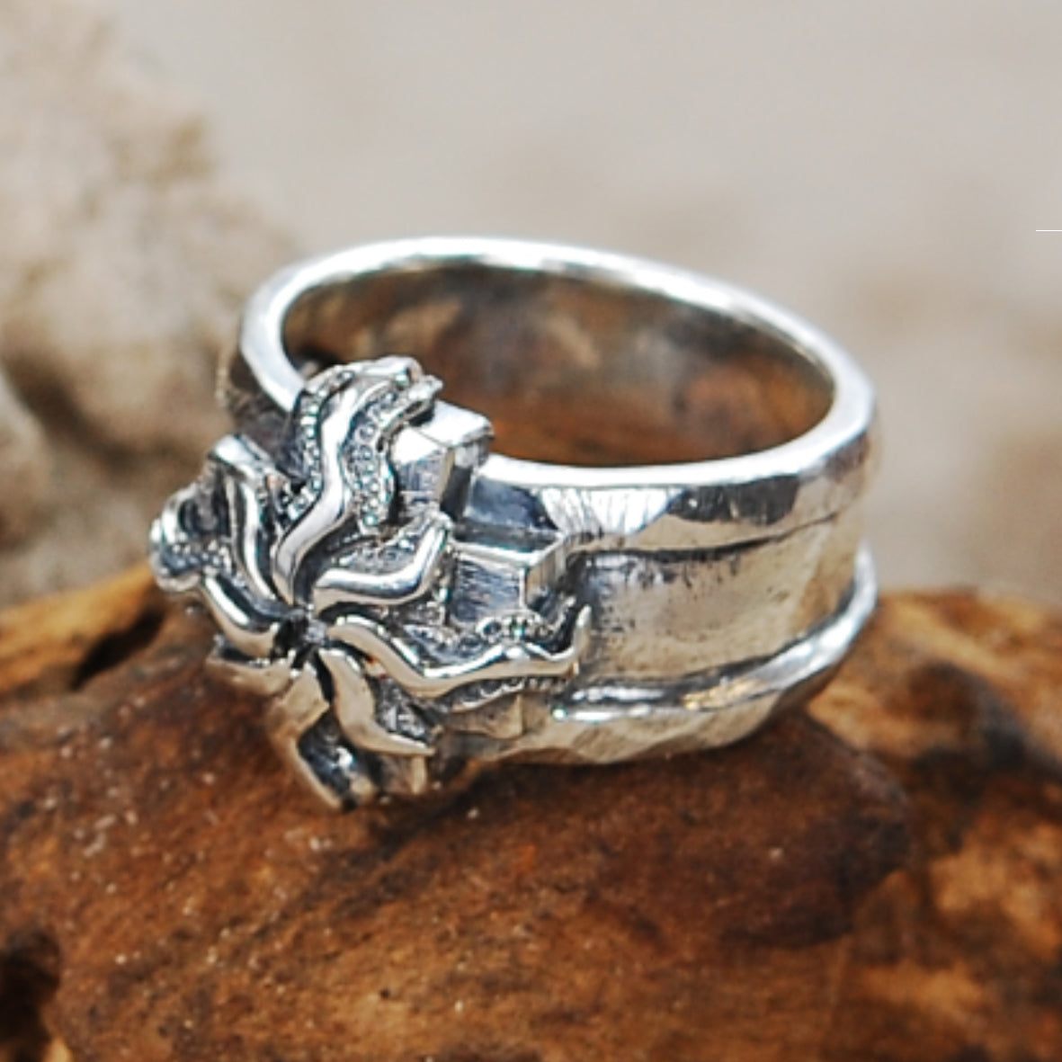 Silver Ring Greek Cross with Elfin SUN on Stripe Band