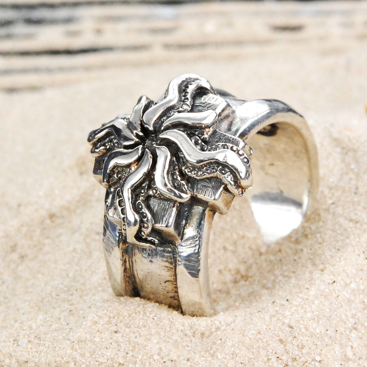 Silver Ring Greek Cross with Elfin SUN on Stripe Band