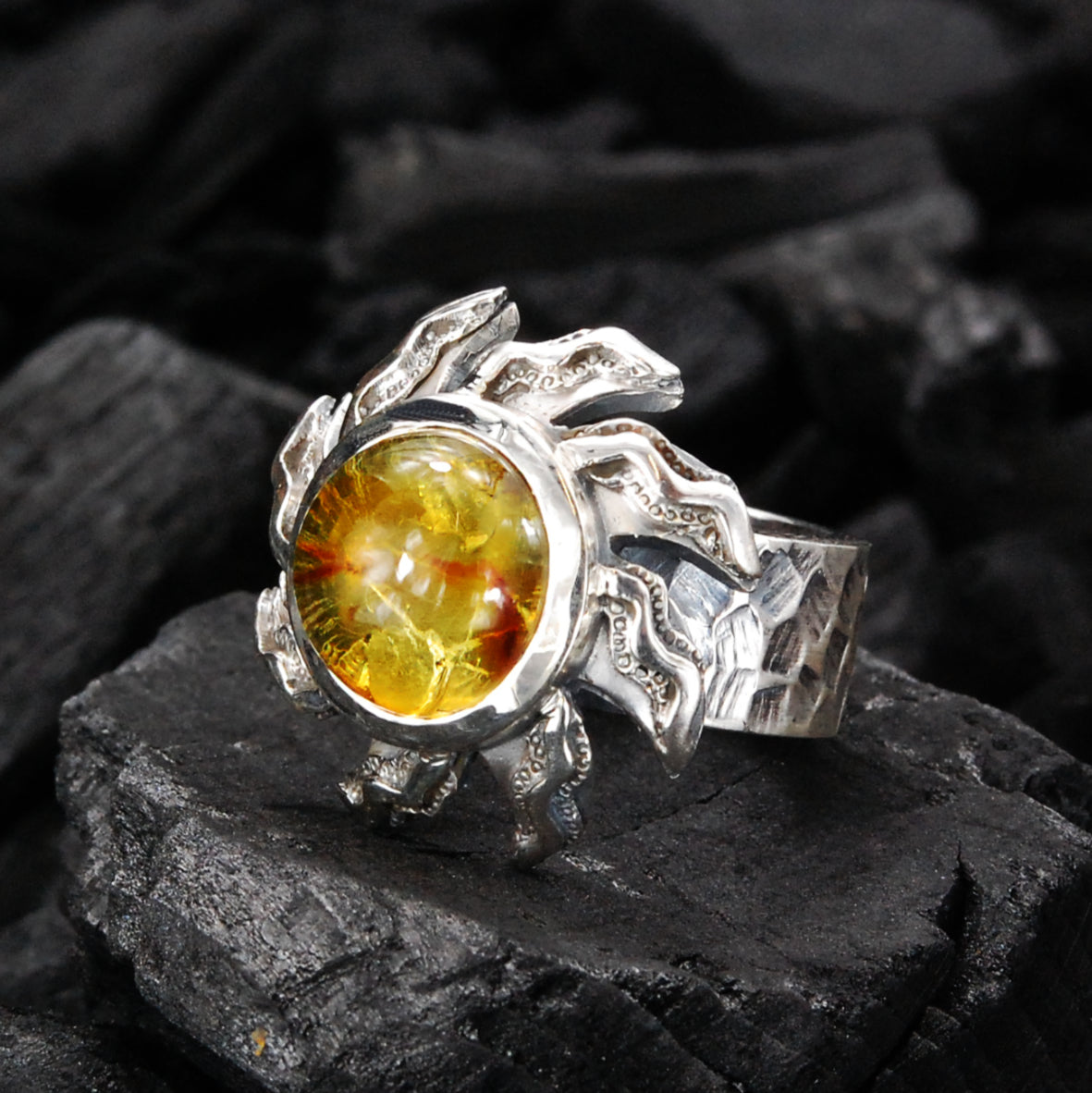 Silvcer Ring ham.10+ Elfin Spiral SUN+FLAMES+Stone