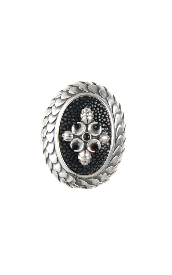 Silver Ring DRAGON SCALES with CRESCENT CROSS on Sea Ray Leather