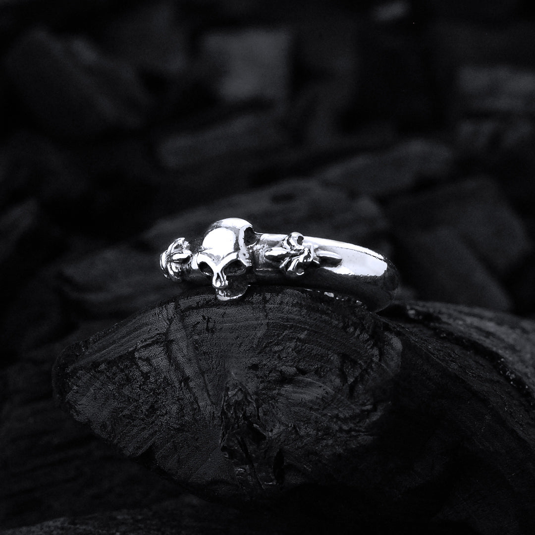 Silver Ring SKULL with LILIES on Plain Band