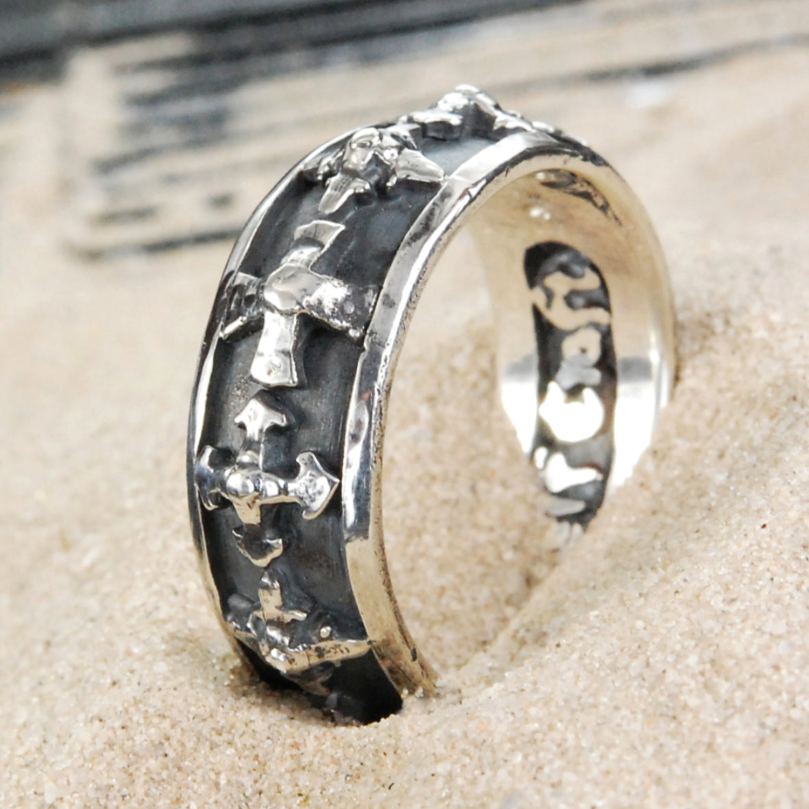 Silver Ring with Blades Iron and Lance Crosses