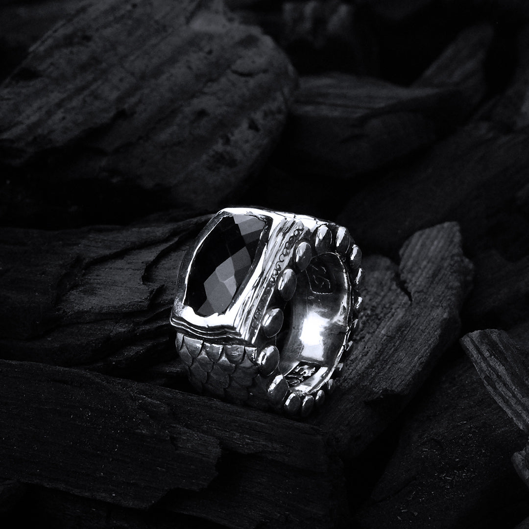 Silver Ring DRAGON SCALES Rectangular BAROQUE Holder