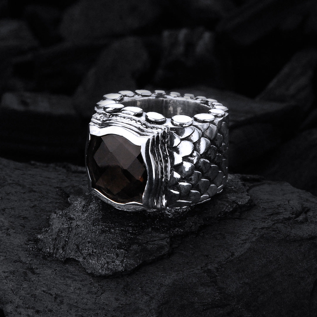 Silver Ring DRAGON SCALES Band with BAROQUE Holder