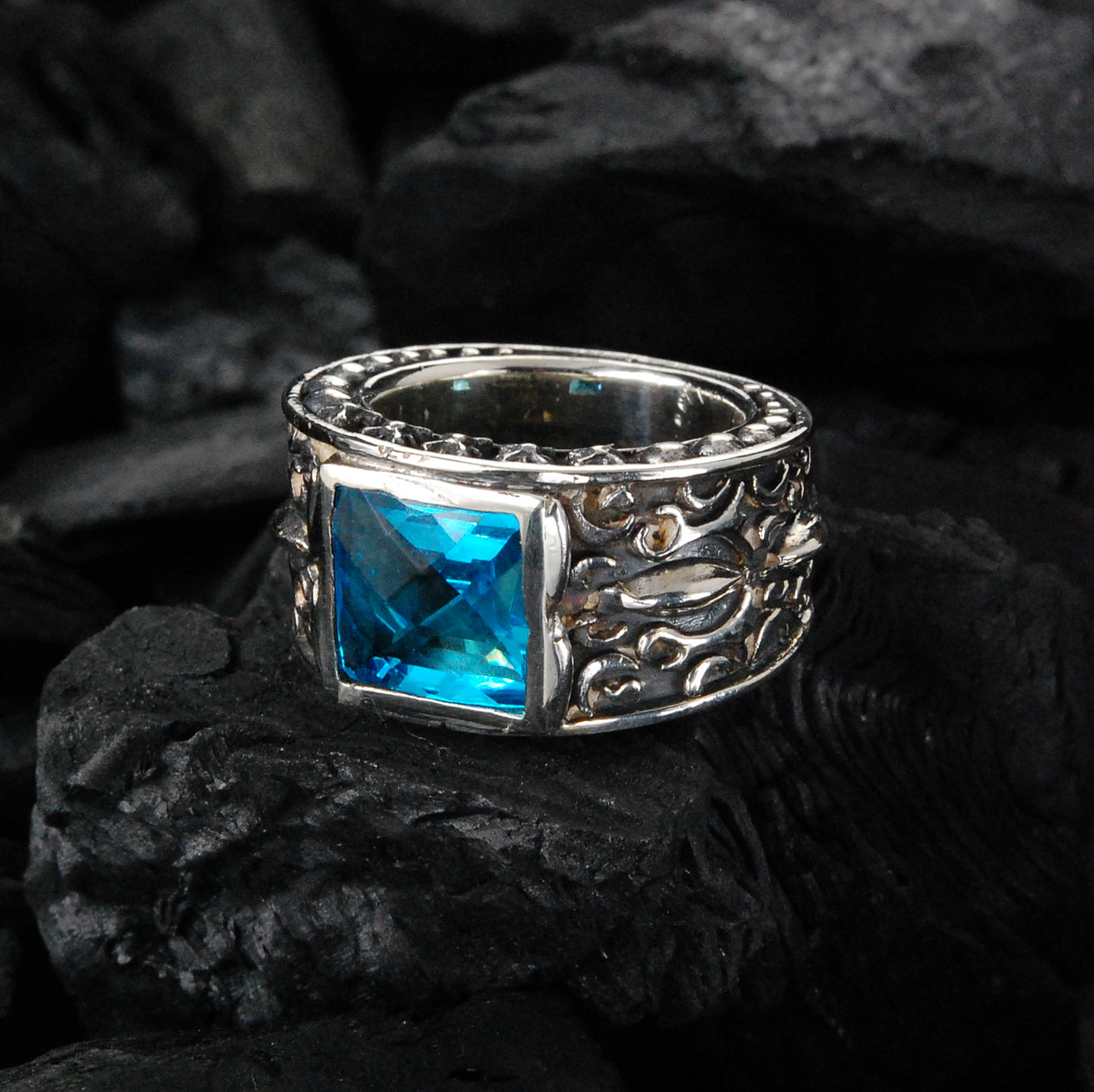 Silver Ring CAREE Stone on GARDEN AT NIGHT Band