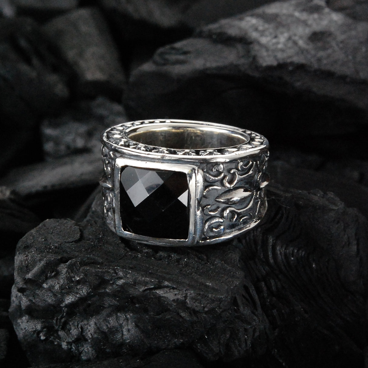 Silver Ring CAREE Stone on GARDEN AT NIGHT Band