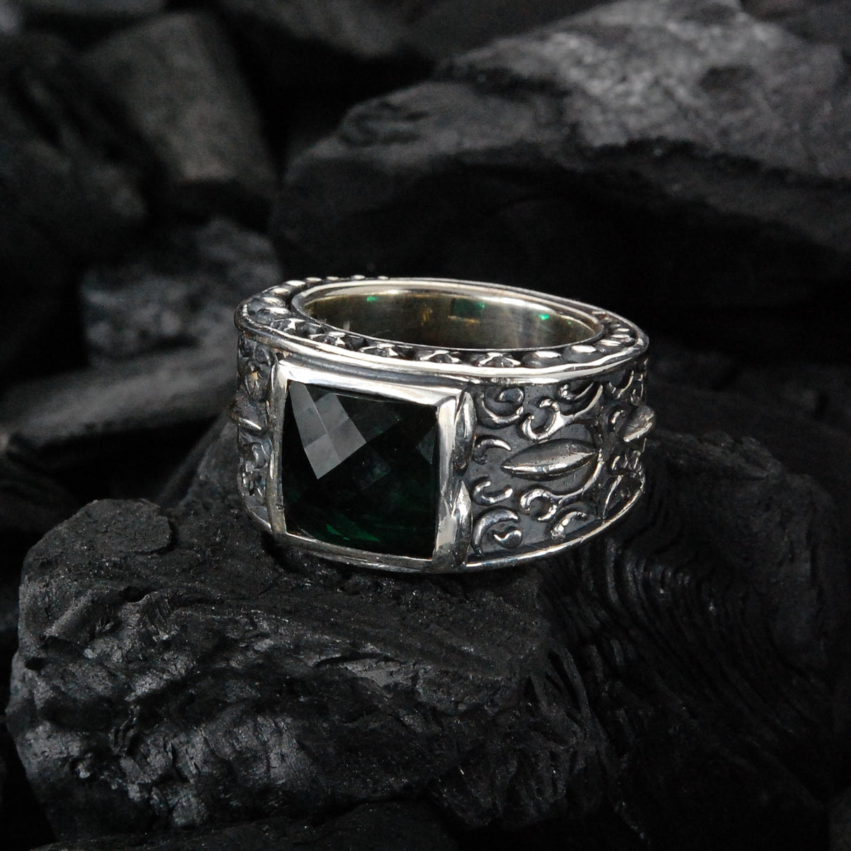 Silver Ring CAREE Stone on GARDEN AT NIGHT Band