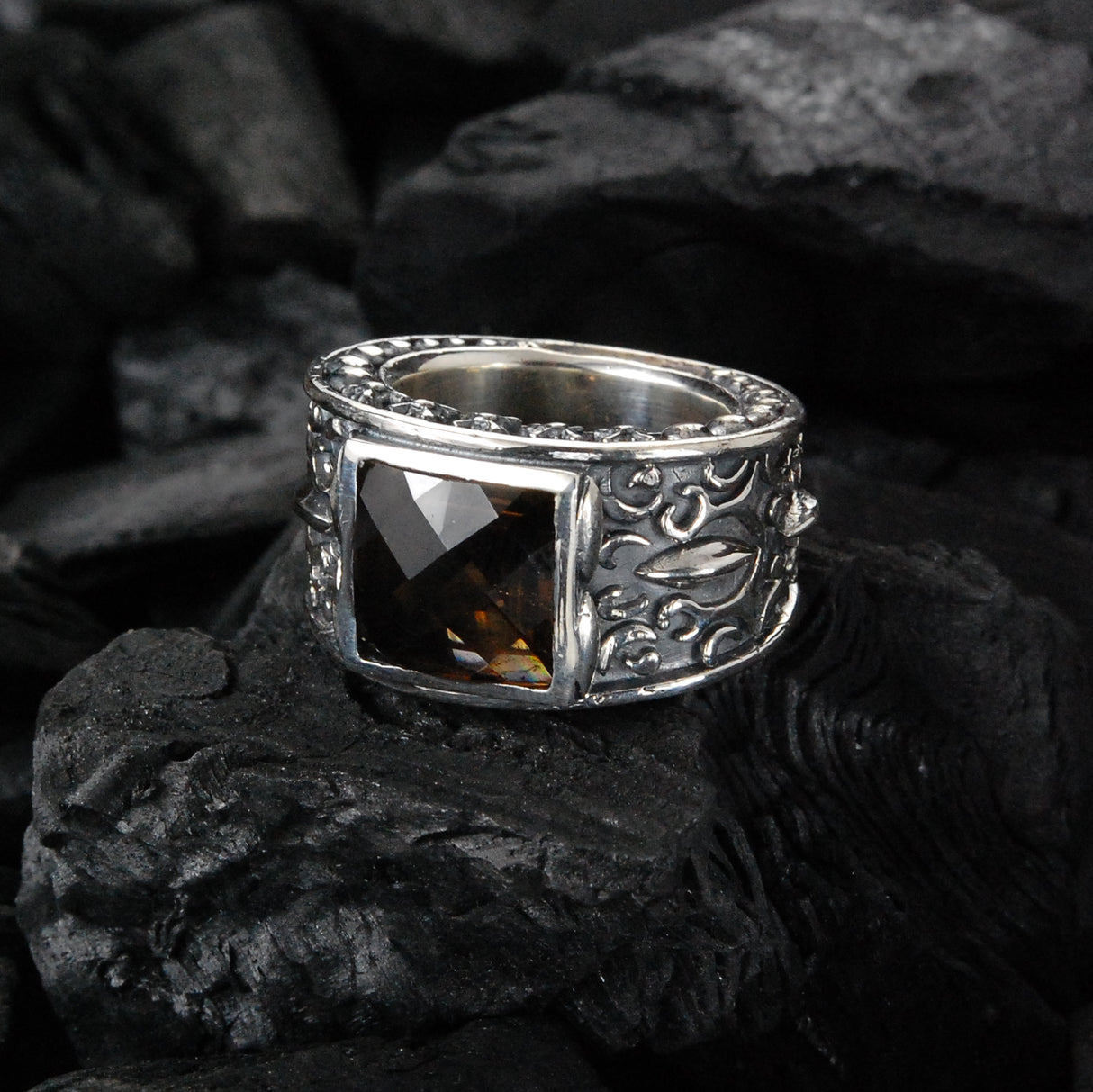 Silver Ring CAREE Stone on GARDEN AT NIGHT Band