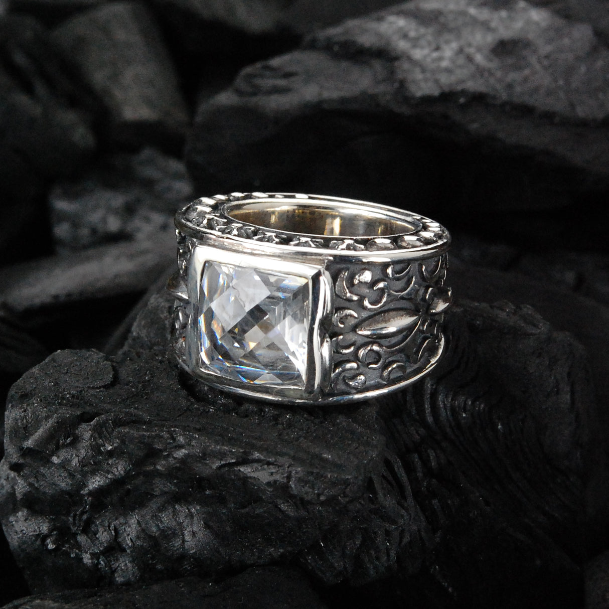 Silver Ring CAREE Stone on GARDEN AT NIGHT Band