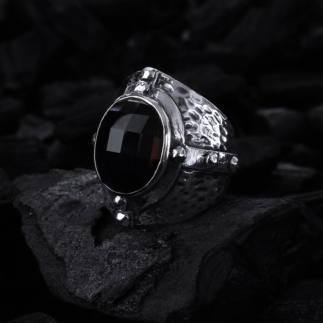 Silver Ring MID AGE Hammered Faceted Oval Framed Stone