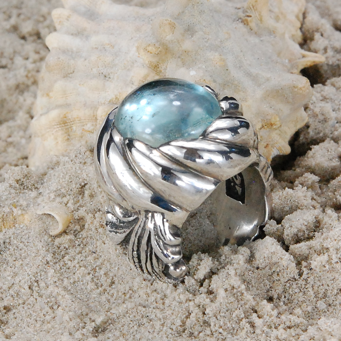 Silberring MAGIC PLANT Band und Aquamarin in SPIRAL-Halterung