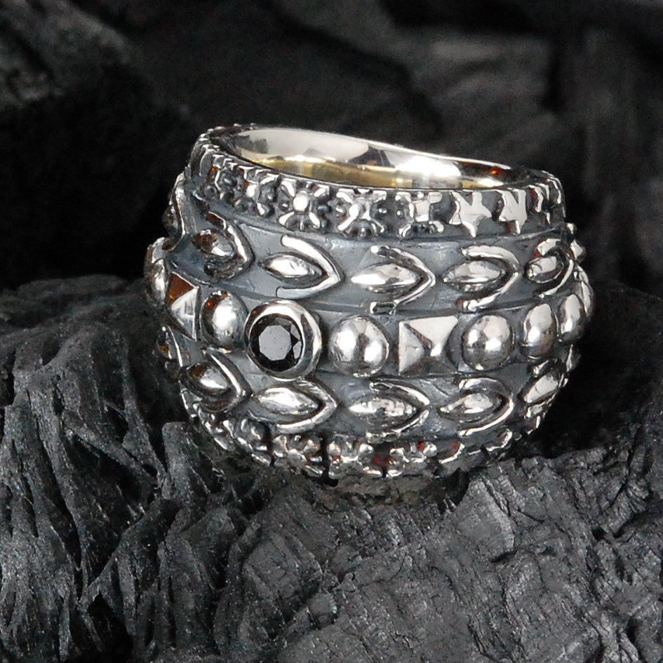 Silver Ring Solid Bands with GARDEN AT NIGHT and DIAMOND
