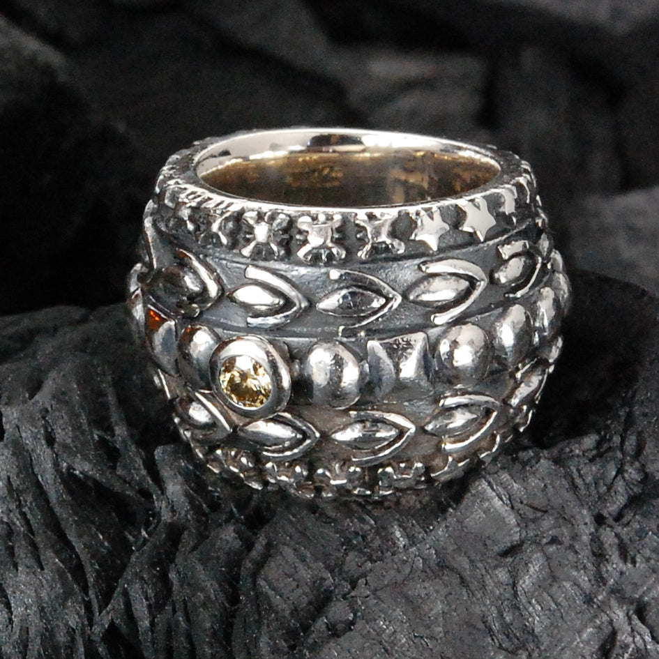 Silver Ring Solid Bands with GARDEN AT NIGHT and DIAMOND