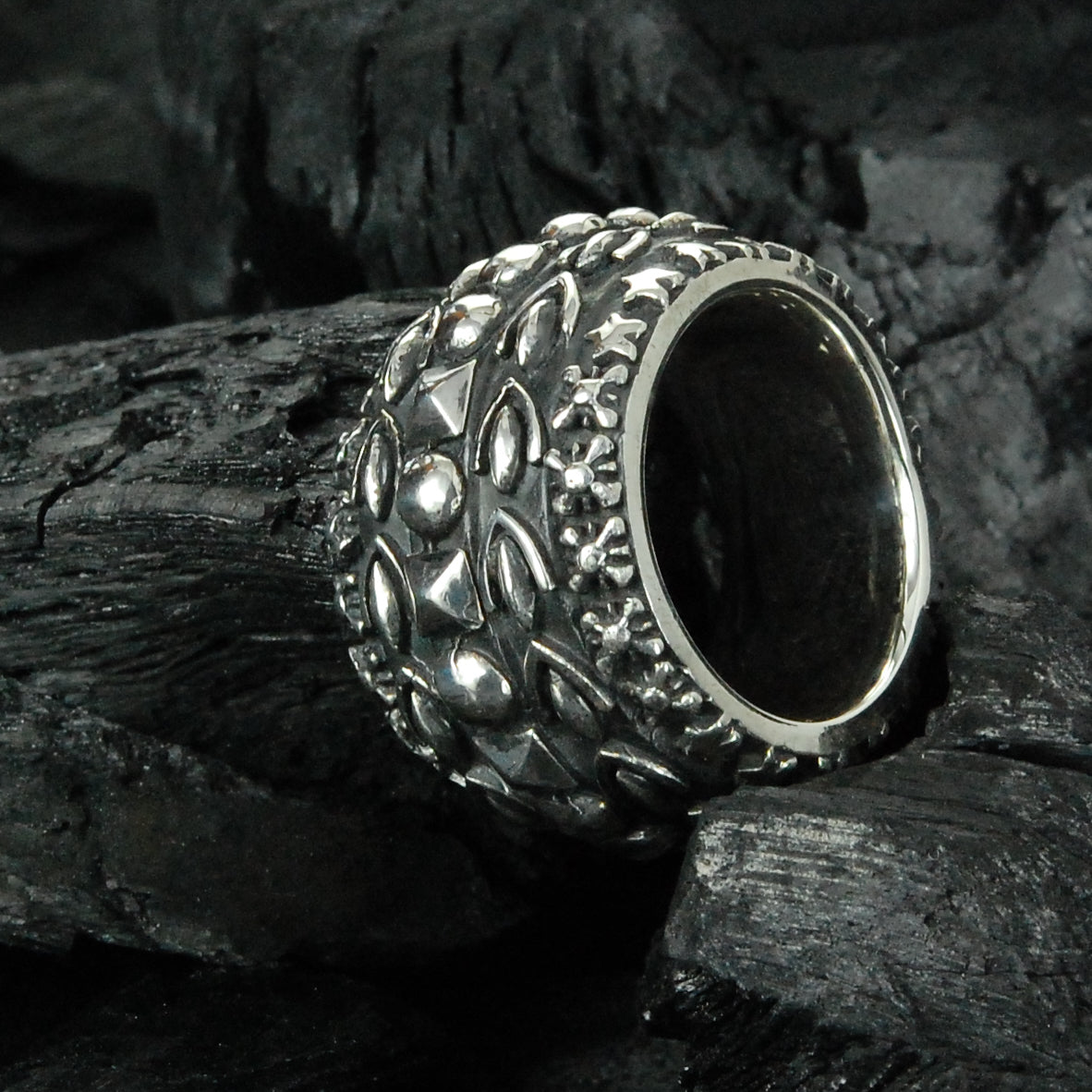 Silver Ring Solid Bands with GARDEN AT NIGHT and Stars