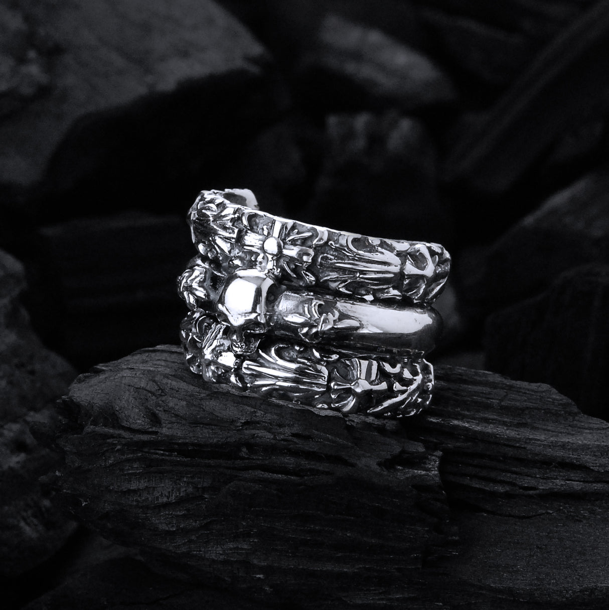Silver Ring Spiral SKULL and LILIES with GARDEN AT NIGHT
