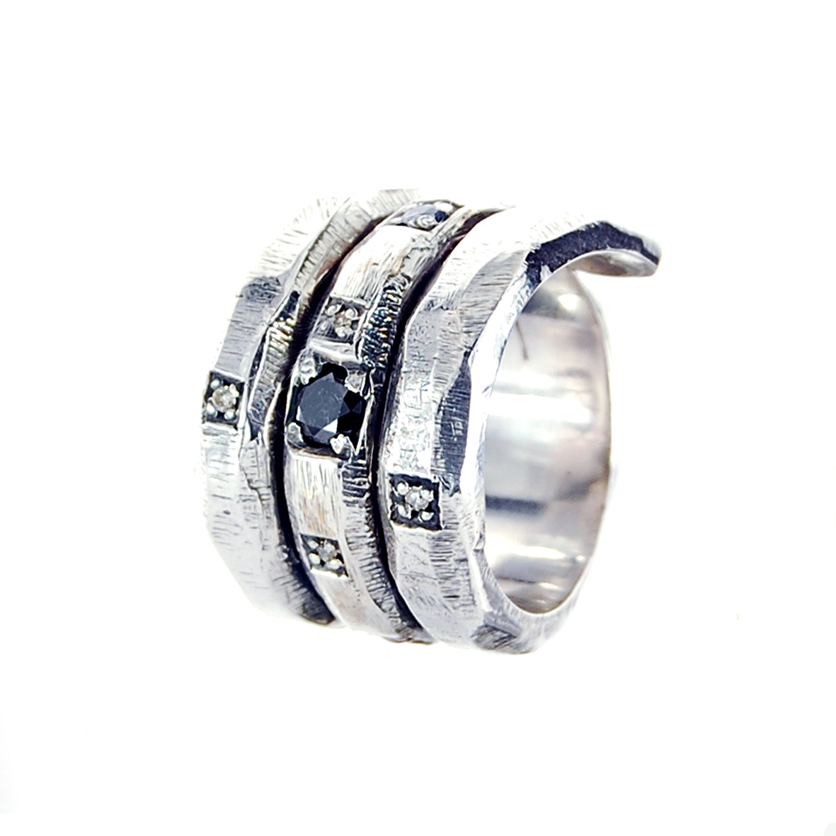 Silver Ring Spiral SUN and PLANETS +Black Diamond SUN