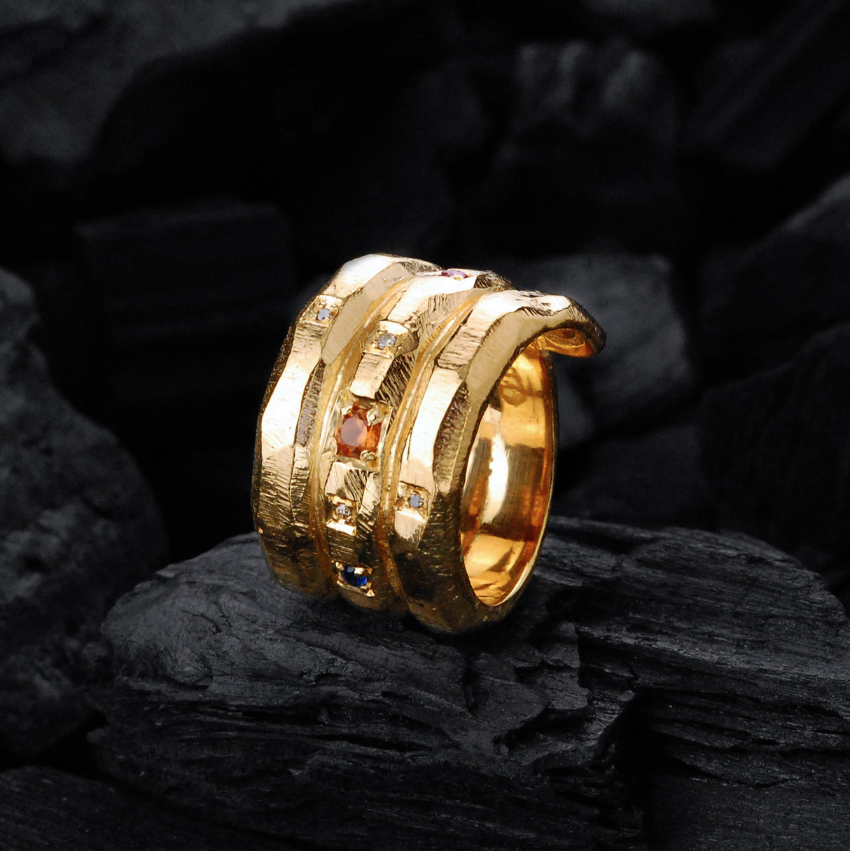 Silver Ring Spiral SUN and PLANETS +Black Diamond SUN - GOLD Plated
