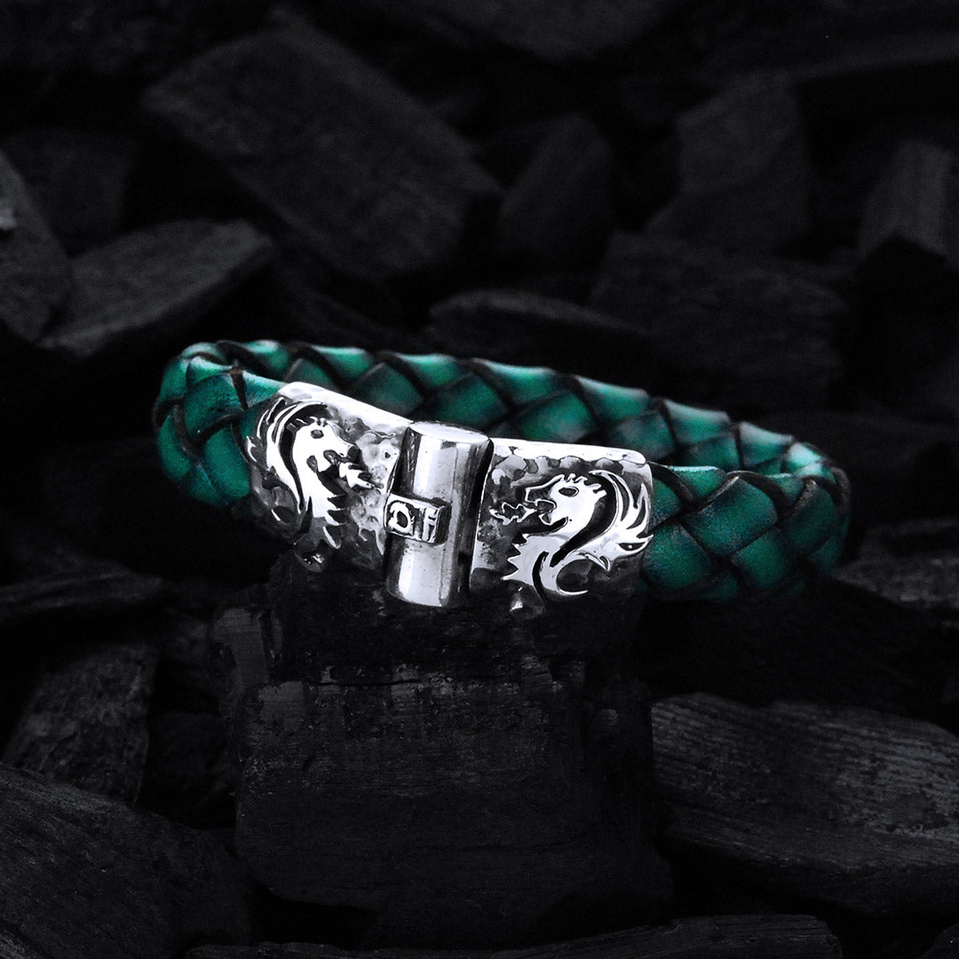 Silver Leather Bracelet DRAGON FIRE Jointlock Hammered 13